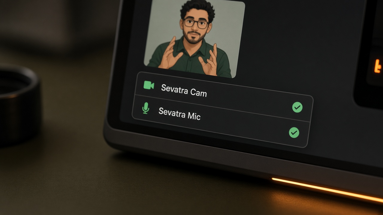 Selector de cámara y micrófono virtual Sevatra en la videollamada