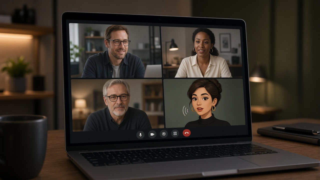 Reunión en videollamada con un intérprete 2D en el tile de video